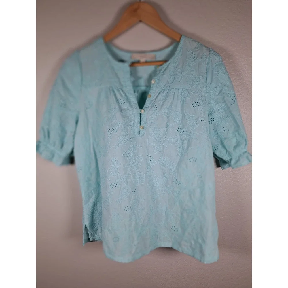 LOFT Women Light Blue Eyelet Embroidered Cotton Blouse Short Puff Sleeve Small